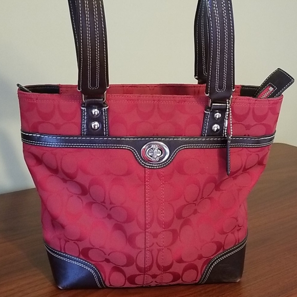 Coach Handbags - Coach Signature Logo Canvas w/ Leather Trim Tote